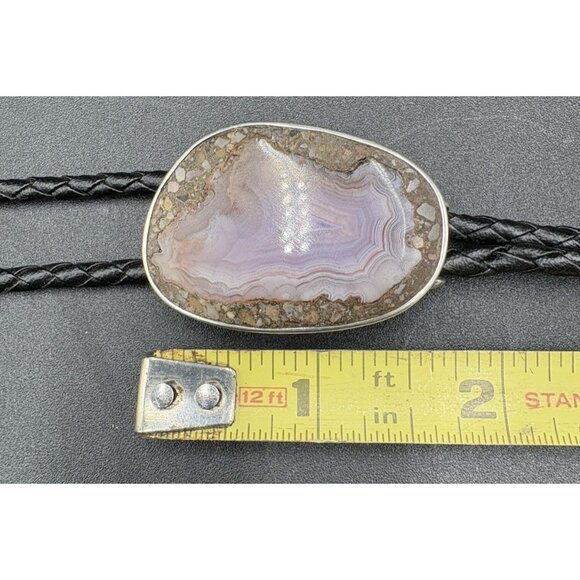 Vtg Bolo Tie Native American Purple Agate Leather Lace Sterling Silver Bullet - Picture 8 of 8